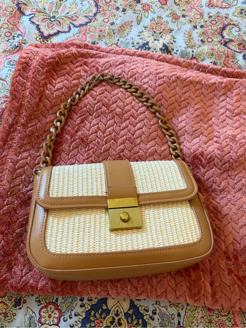 Tan & Cream Woven Shoulder Bag with Gold Hardware